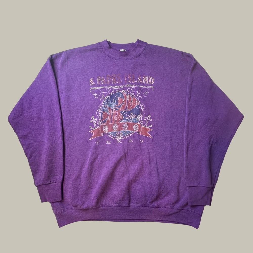 Vintage Fruit of the Loom Sweatshirt Unisex XL S. Padre Island Purple Graphic